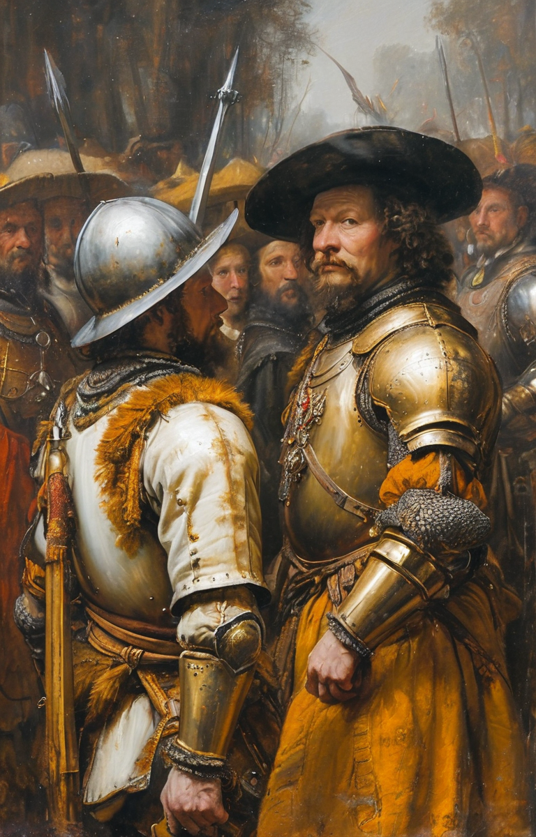 07989-1604656633-masterpiece,best quality,_lora_tbh135-sdxl_0.85_,Knights in Golden Armor,illustration,style of Rembrandt,oil painting,.png